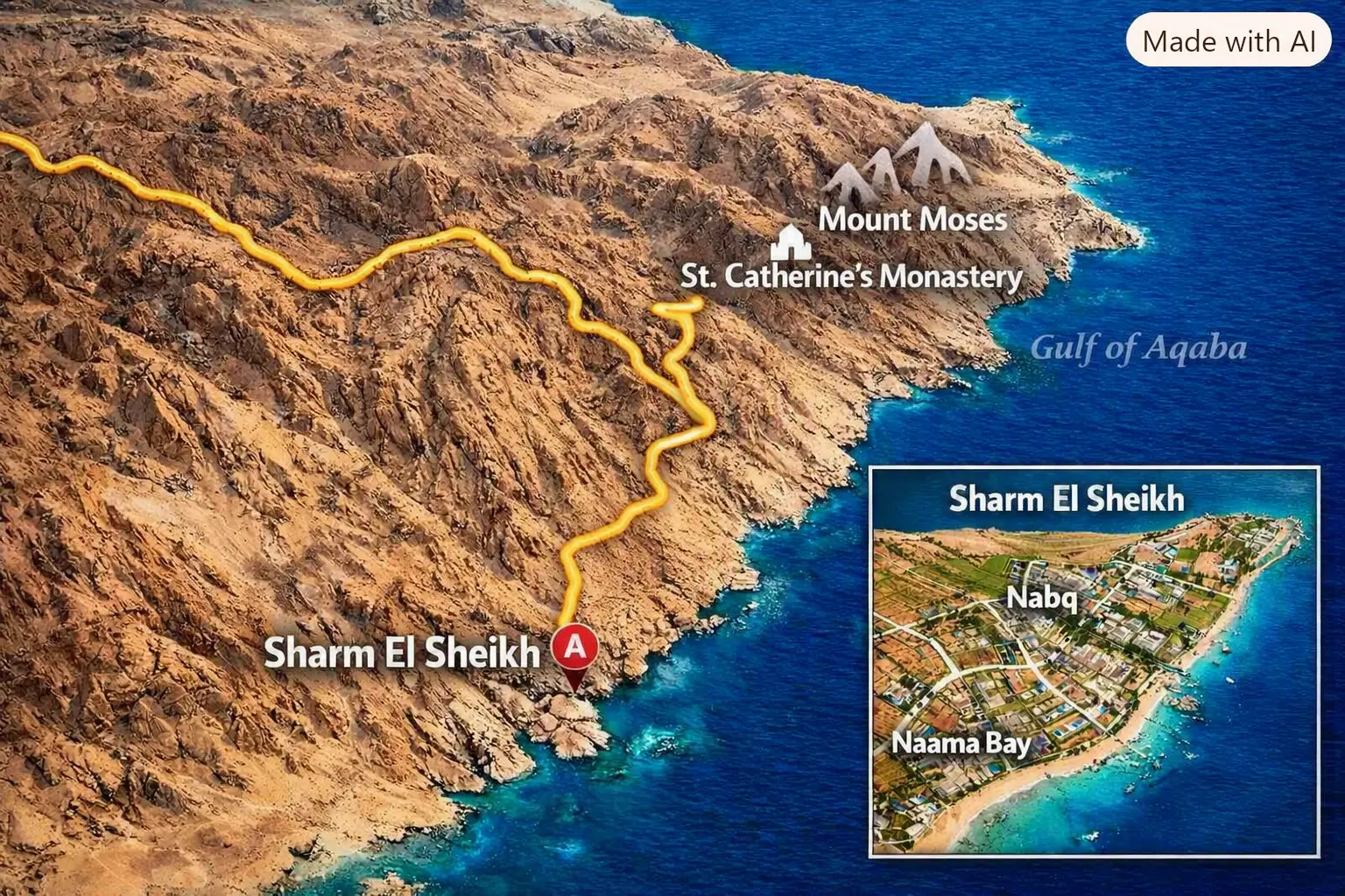 Excursion route map from Sharm El Sheikh to Mount Moses and Saint Catherine Monastery - Gad Taxi Sharm Travel