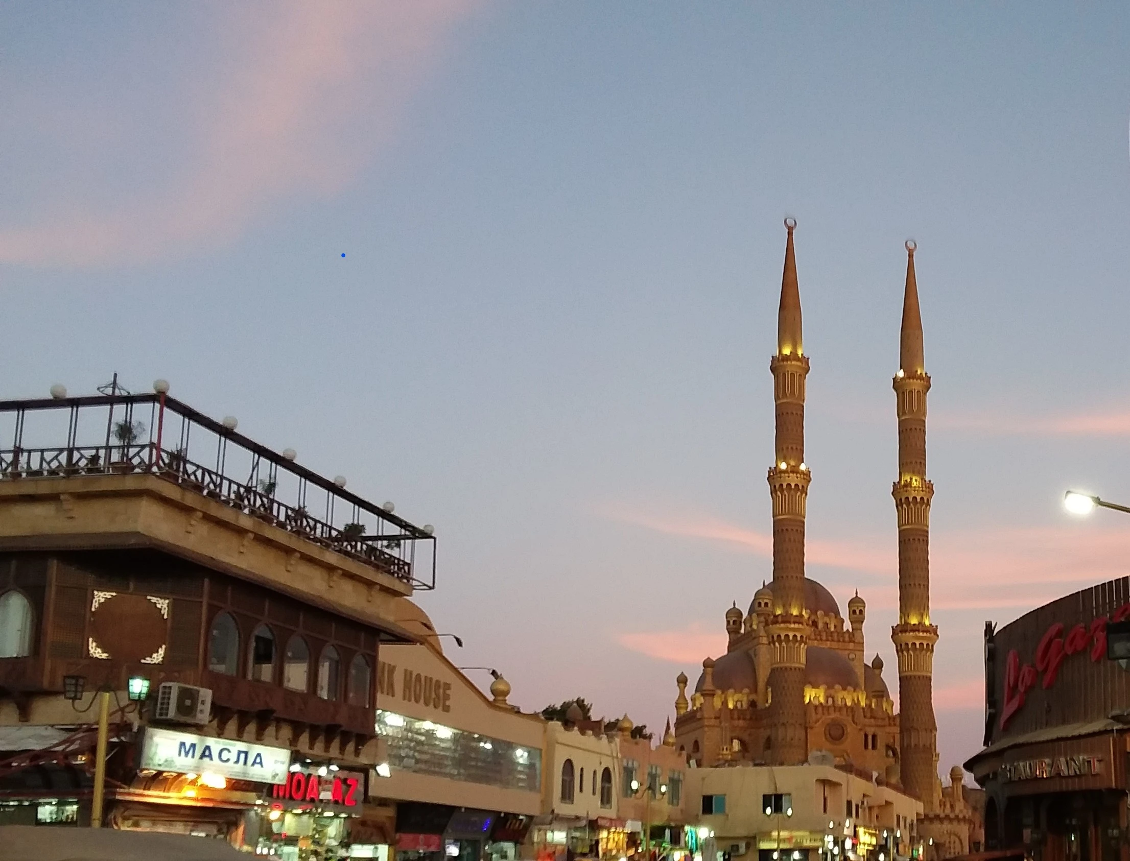 Scenic view of the illuminated Al Sahaba Mosque at sunset in the Old Market of Sharm el-Sheikh