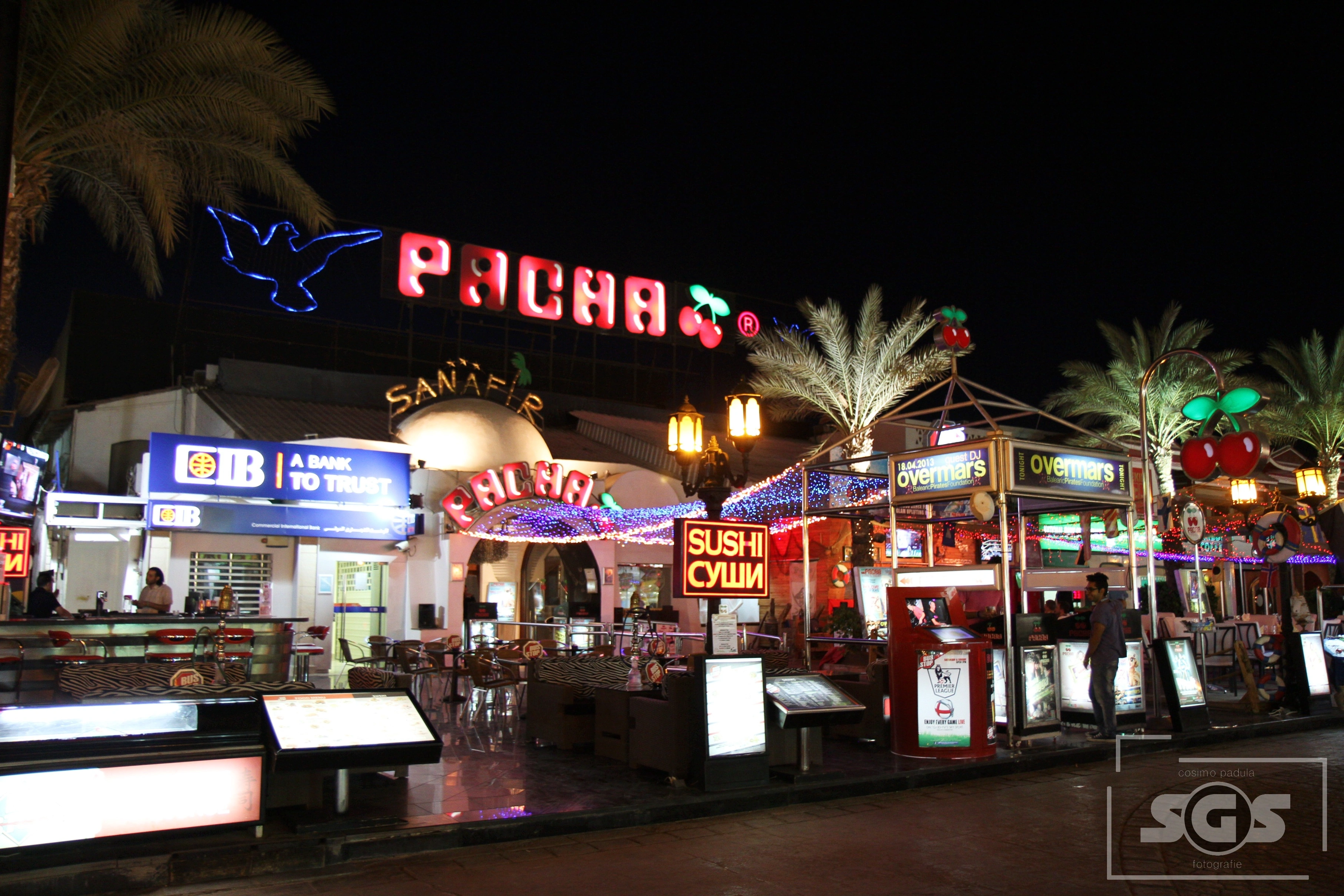 Vibrant nightlife and glowing streets near Pacha Club in Naama Bay